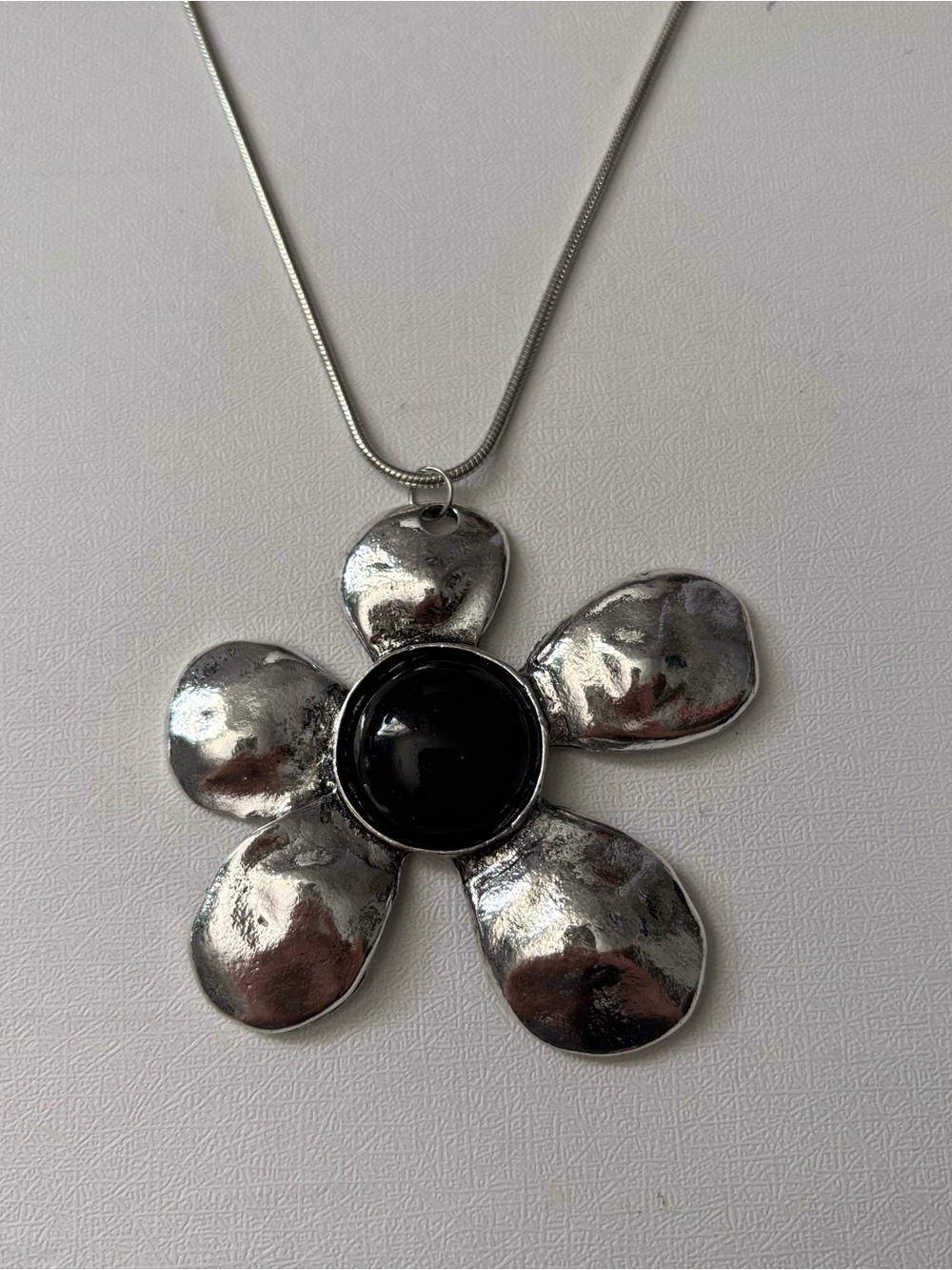 Silver Flower Pendant Necklace with Black Center